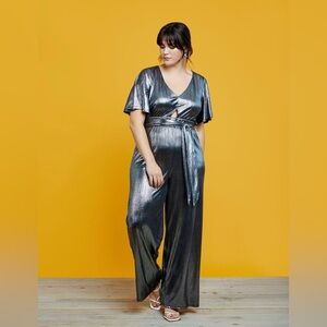 Refinery29 x ELOQUII disco hipster Party Silver Metallic V-Neck Jumpsuit R29 14